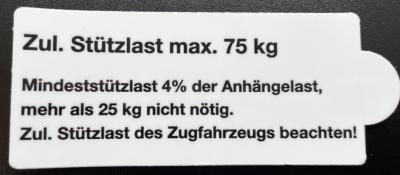 Aufkleber für Anhänger: zul. Stützlast max. 75 kg