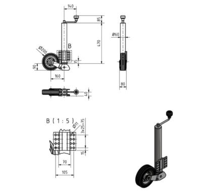 Stützrad Winterhoff Ø60mm 450mm 10loch Flansch flach