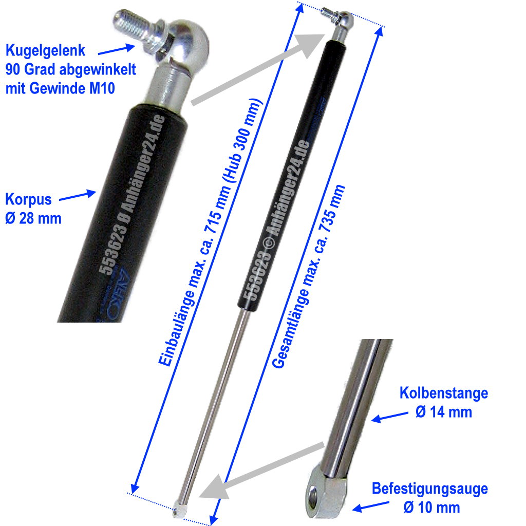 P>Gasfeder für Anhänger + Pferdeanhänger , Druckfeder , Serie 08-19 Gasfeder  Länge : 165 mm , KN : 250 , 880.031.725.044</P>